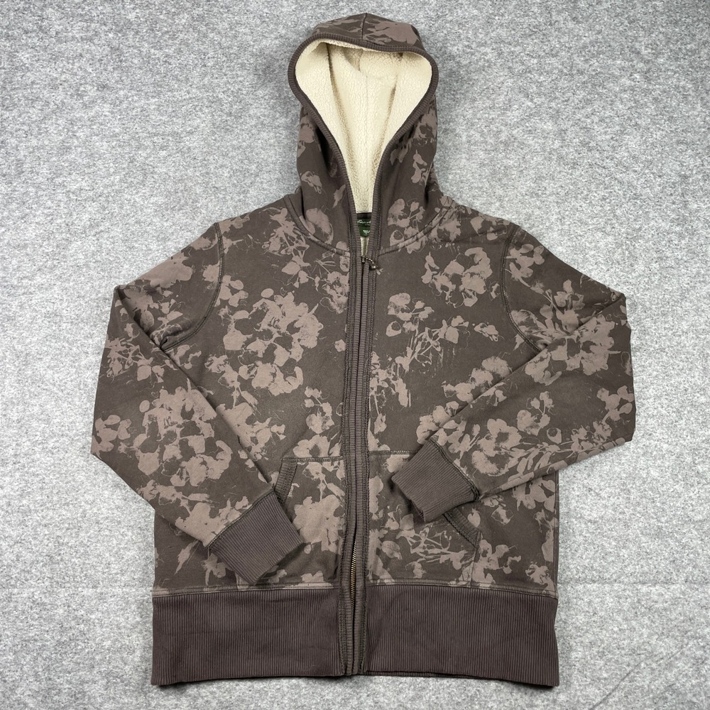 Eddie Bauer Hoodie Womens L Brown Floral Sherpa Lined Full Zip Sweatshirt Jacket